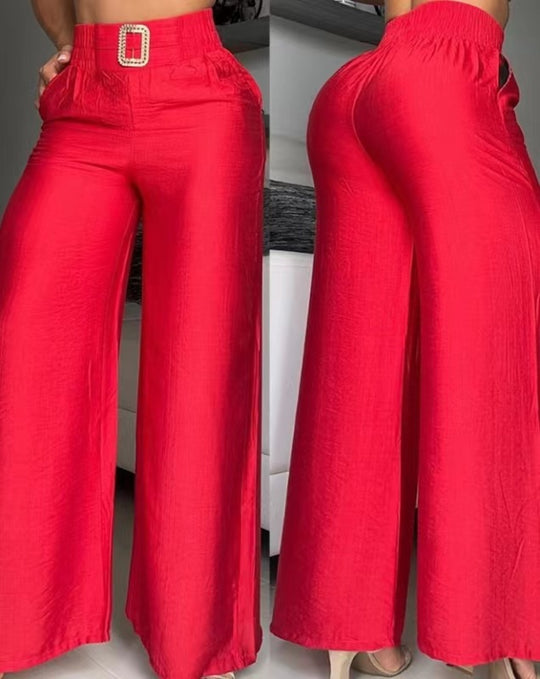 Damen Weite Palazzo-Hose mit hochtailliertem Bund und dekorativem Gürtel R&B