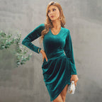 Damen elegantes Wickelkleid aus Samt mit langen Ärmeln und asymmetrischem Saum