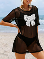 Damen transparenter Strandüberwurf mit filigranem Spitzenmuster R&B