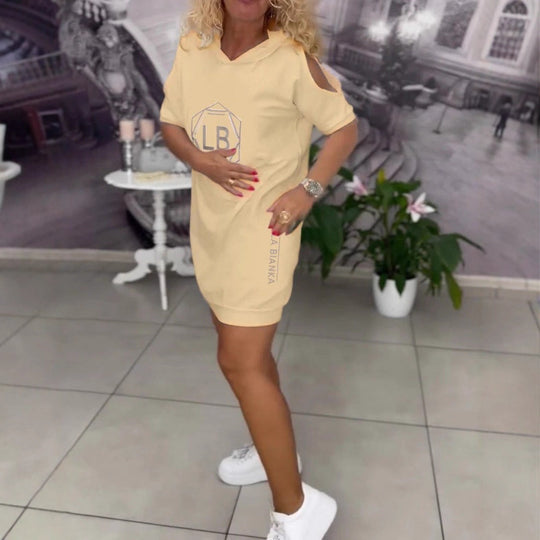 Damen nan sportliches Kapuzen-Tunika-Kleid mit Schulterauschnitten und Logoprint R&B