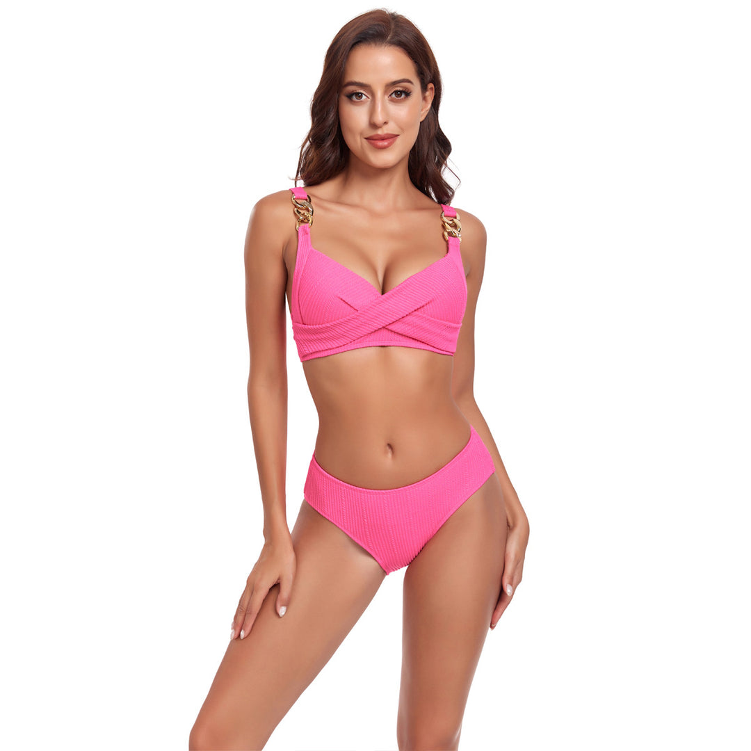 Damen Bikini-Set mit gekreuztem Oberteil und dekorativen Schnallen R&B