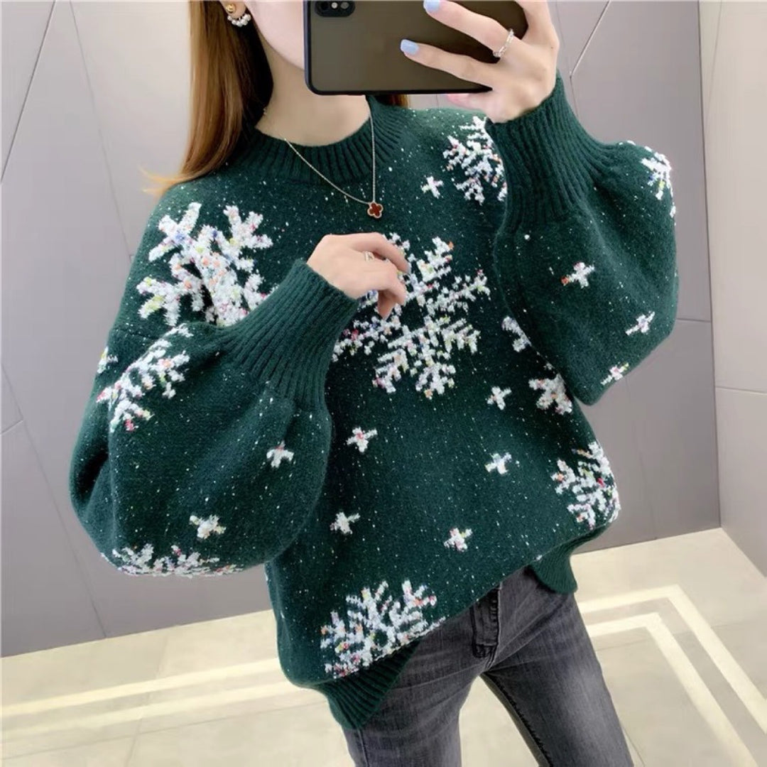 Damen Strickpullover mit Wintermotiv und Puffärmeln R&B