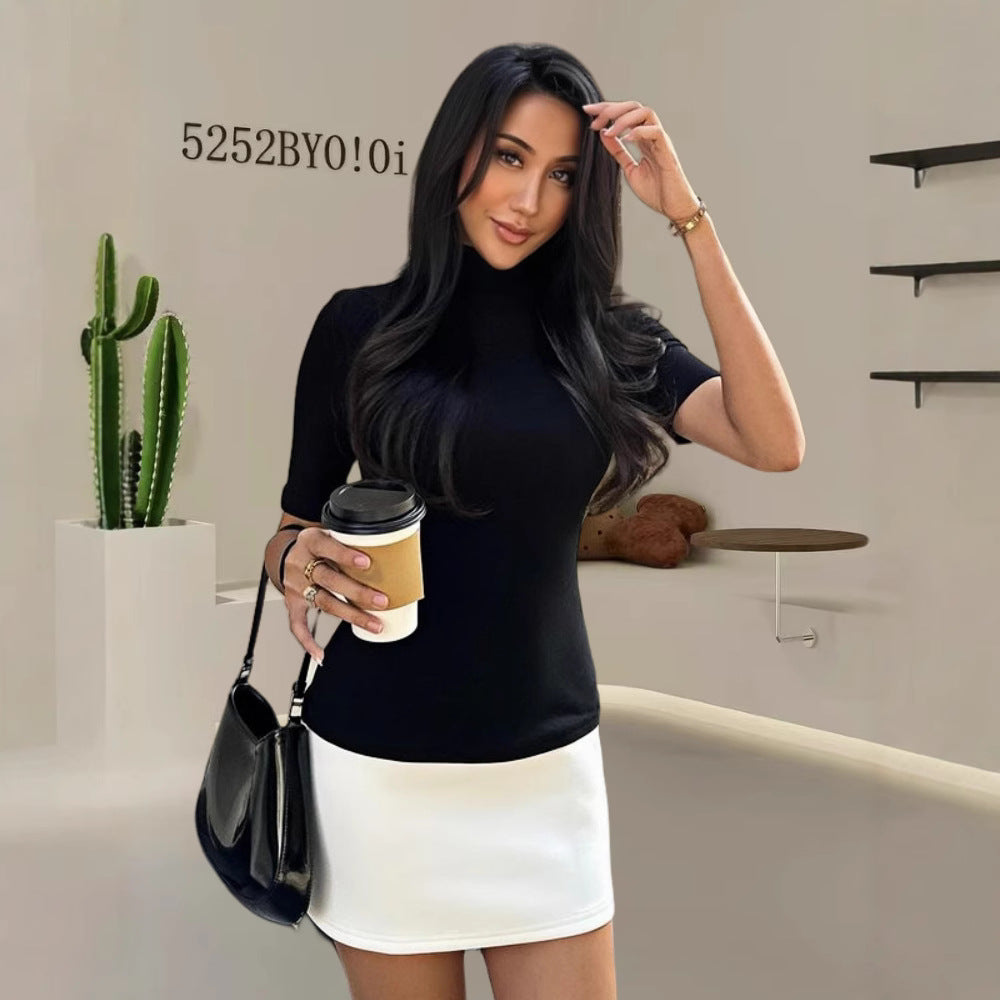 Damen Elegantes Oberteil mit hohem Kragen und kurzen Ärmeln R&B