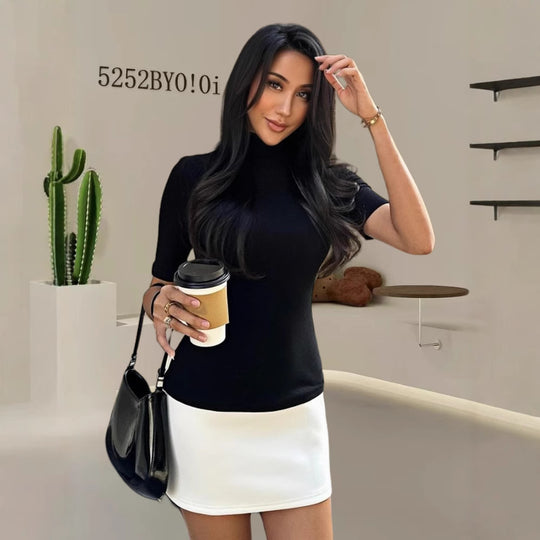 Damen Elegantes Oberteil mit hohem Kragen und kurzen Ärmeln R&B