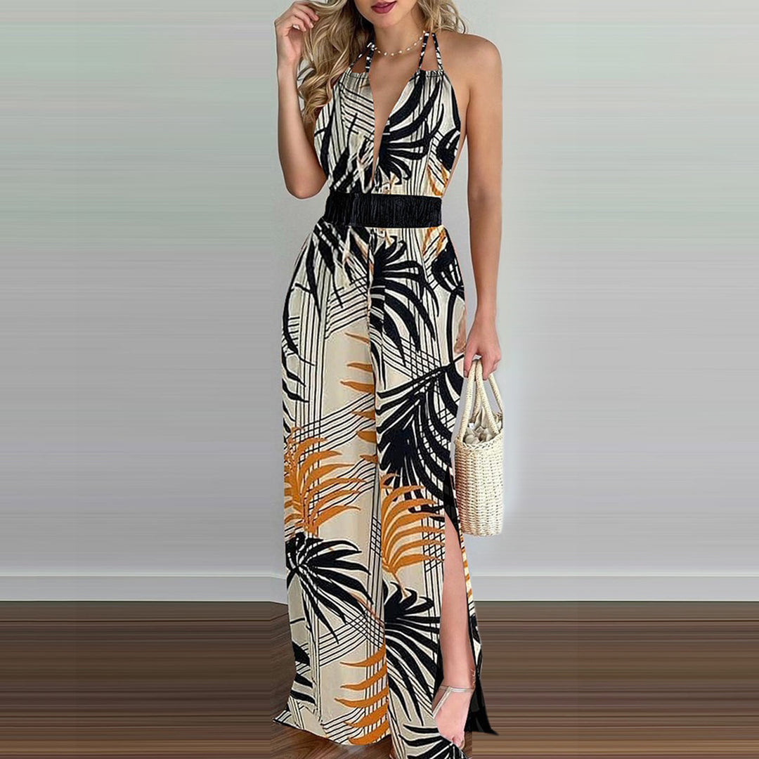 Damen eleganter Jumpsuit mit Spaghettiträgern und hohen Seitenschlitzen R&B