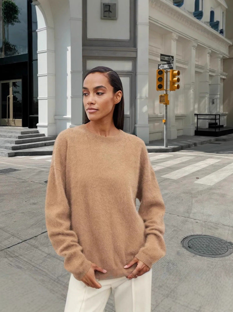 Damen weicher Strickpullover mit elegantem Rundhalsausschnitt und lässigem Schnitt R&B