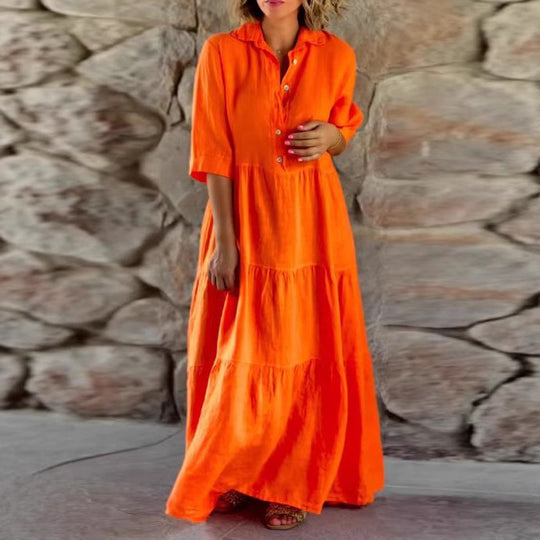 Damen nan sommerliches Leinenmix Stufenmaxikleid mit Hemdkragen, geraffter Taille und ellbogenlangen Ärmeln R&B