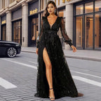 Damen Glamouröses Abendkleid mit schimmernden Pailletten und tiefem Schlitz EB