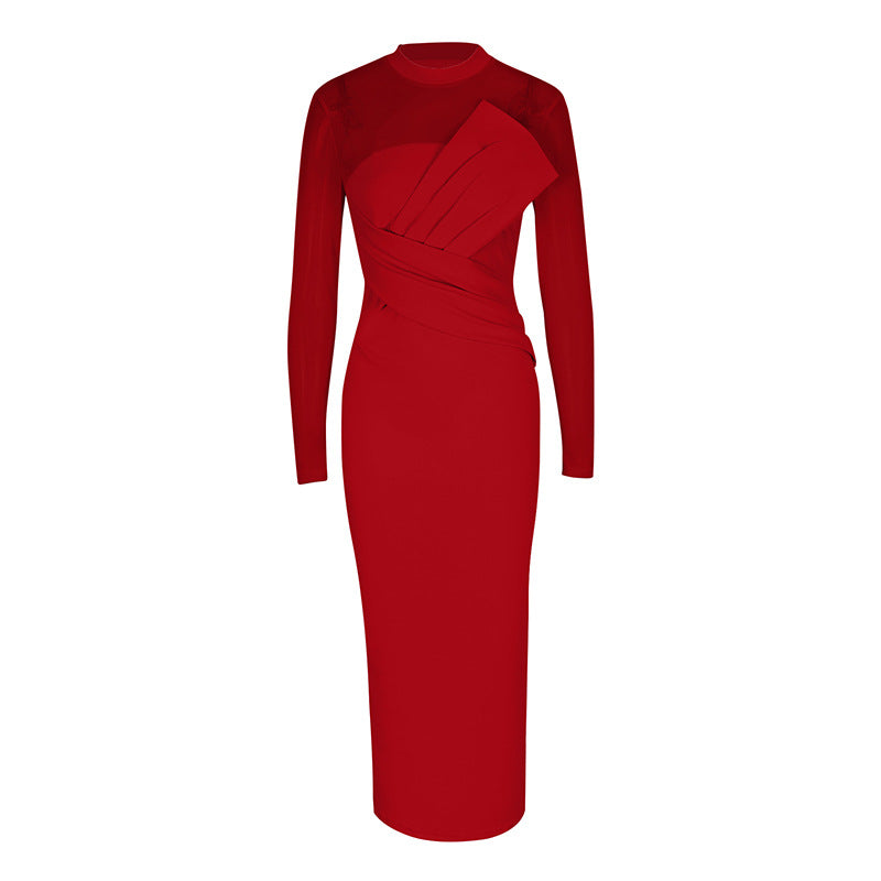 Damen Elegantes Langarm-Midi-Kleid mit raffinierter Drapierung und figurbetonter Silhouette R&B