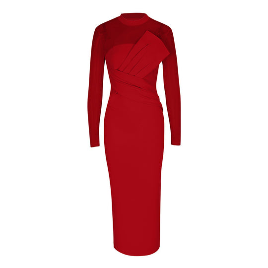 Damen Elegantes Langarm-Midi-Kleid mit raffinierter Drapierung und figurbetonter Silhouette R&B