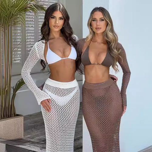 Damen gehäkeltes Strandkleid mit langem Schnitt und transparentem Design R&B