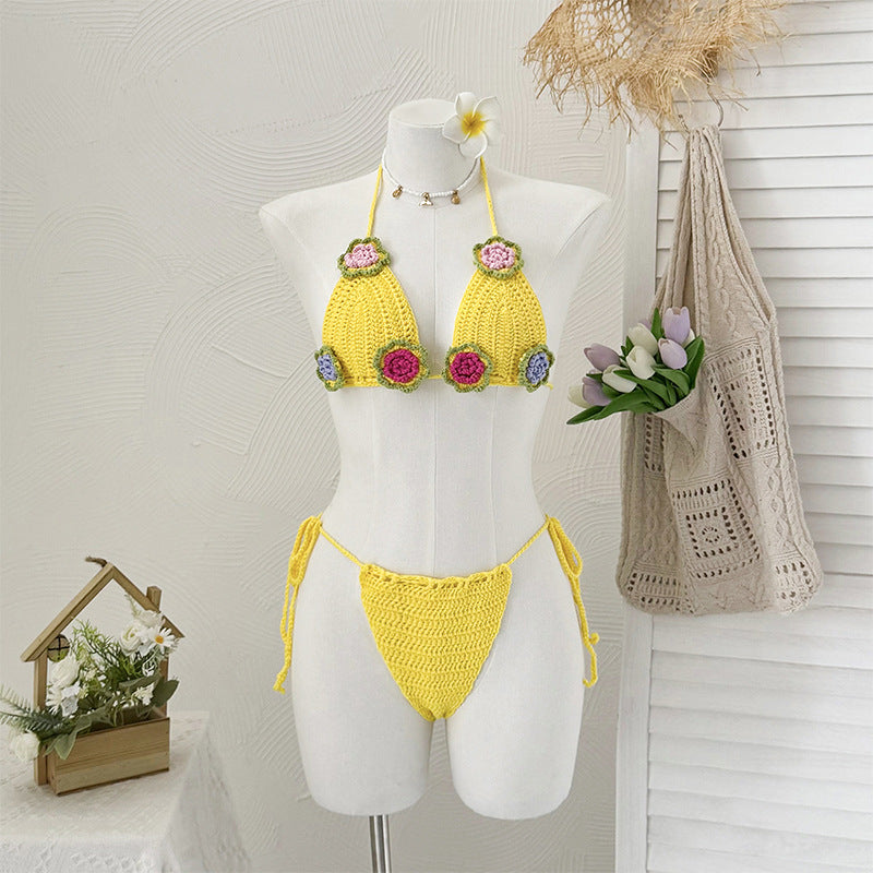 Damen Häkel-Bikini mit verspieltem Blumendesign und verstellbaren Bändern R&B