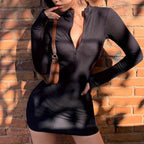 Damen figurbetontes Minikleid mit Reißverschluss und langem Arm R&B