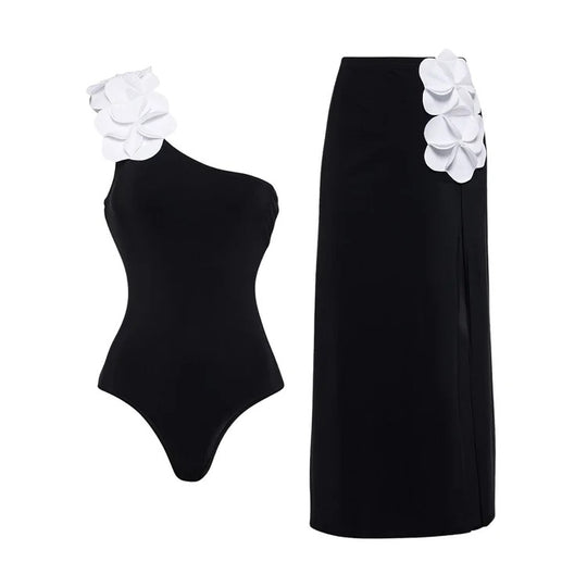Damen Schwimmanzug mit asymmetrischem Schnitt und floralen Applikationen R&B