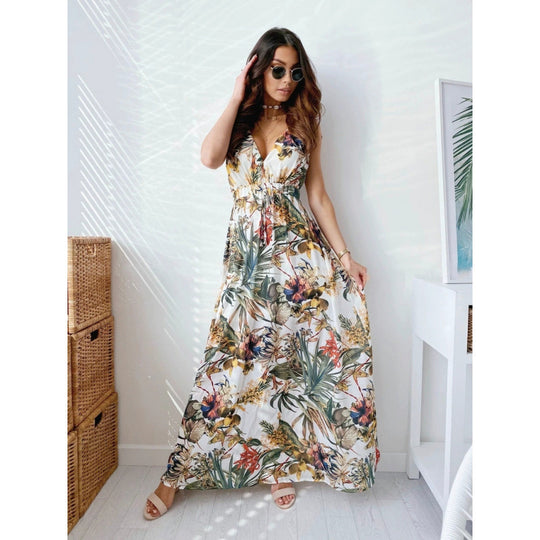 Damen Maxikleid mit floralen Mustern und tailliertem Oberteil R&B