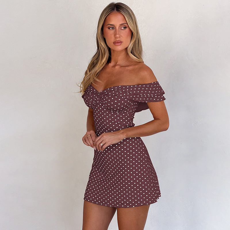 Damen Verspieltes Polka-Dot Cocktailkleid mit Schulterfreiem Design und Rüschendetails R&B