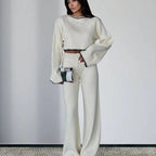 Damen elegantes Strickanzug mit weitem Bein und romantischen Ärmeln R&B