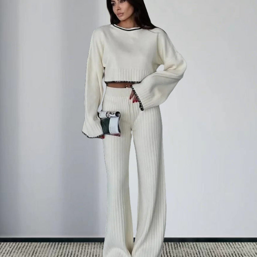 Damen elegantes Strickanzug mit weitem Bein und romantischen Ärmeln R&B