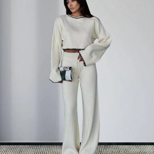 Damen elegantes Strickanzug mit weitem Bein und romantischen Ärmeln R&B