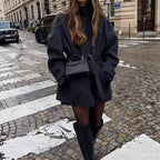 Damen Modische Wolljacke mit taillierbarem Gürtel und steigendem Kragen R&B