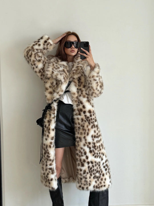 Damen Eleganter Kunstfellmantel mit animalischem Muster R&B