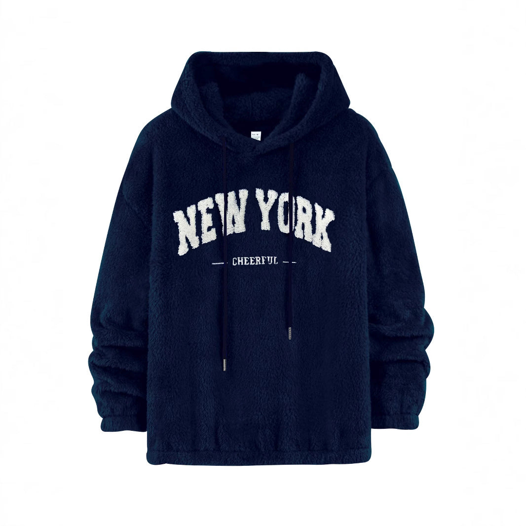 Unisex nan kuscheliger Plüsch-Hoodie mit Chenille-Logo, Kapuze und elastischem Saum R&B