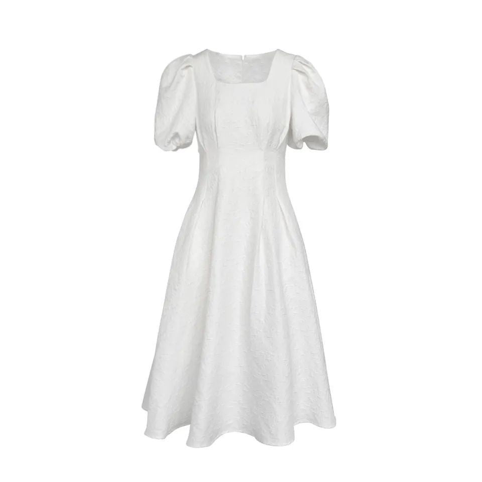 Damen elegantes Midi-Kleid mit quadratischem Ausschnitt und voluminösen Ärmeln