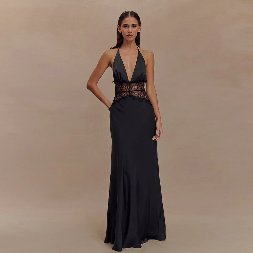 Damen Elegantes Maxikleid mit tiefem V-Ausschnitt und zarter Spitzenverzierung R&B