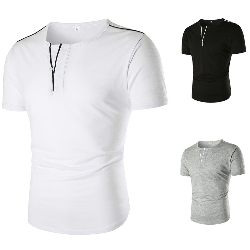 Herren Kurzarm T-Shirt mit halber Knopfleiste und kontrastierenden Nähten