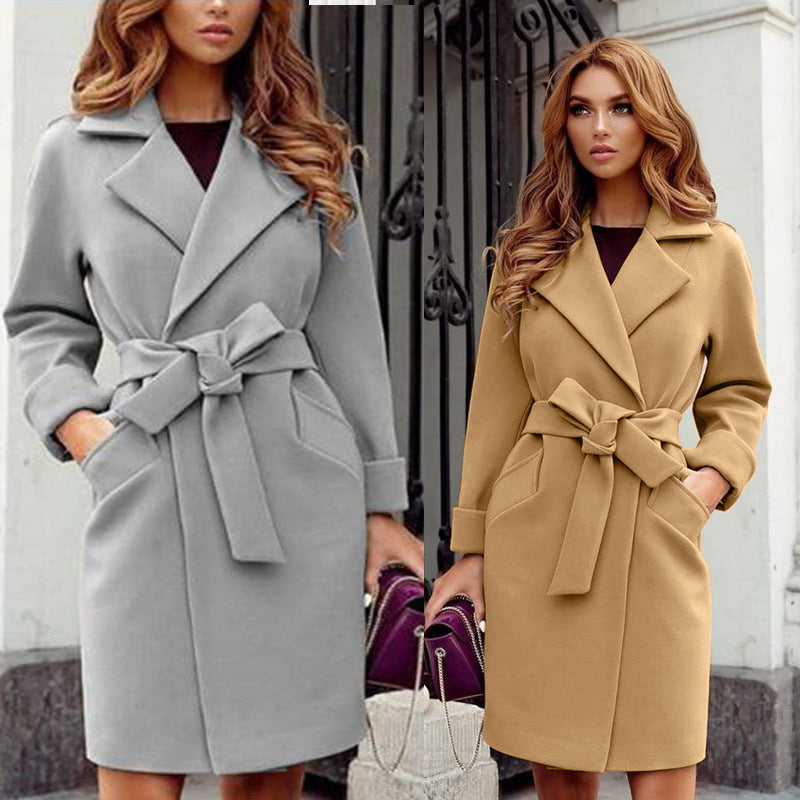 Damen eleganter Trenchcoat mit Taillengürtel und praktischen Taschen R&B