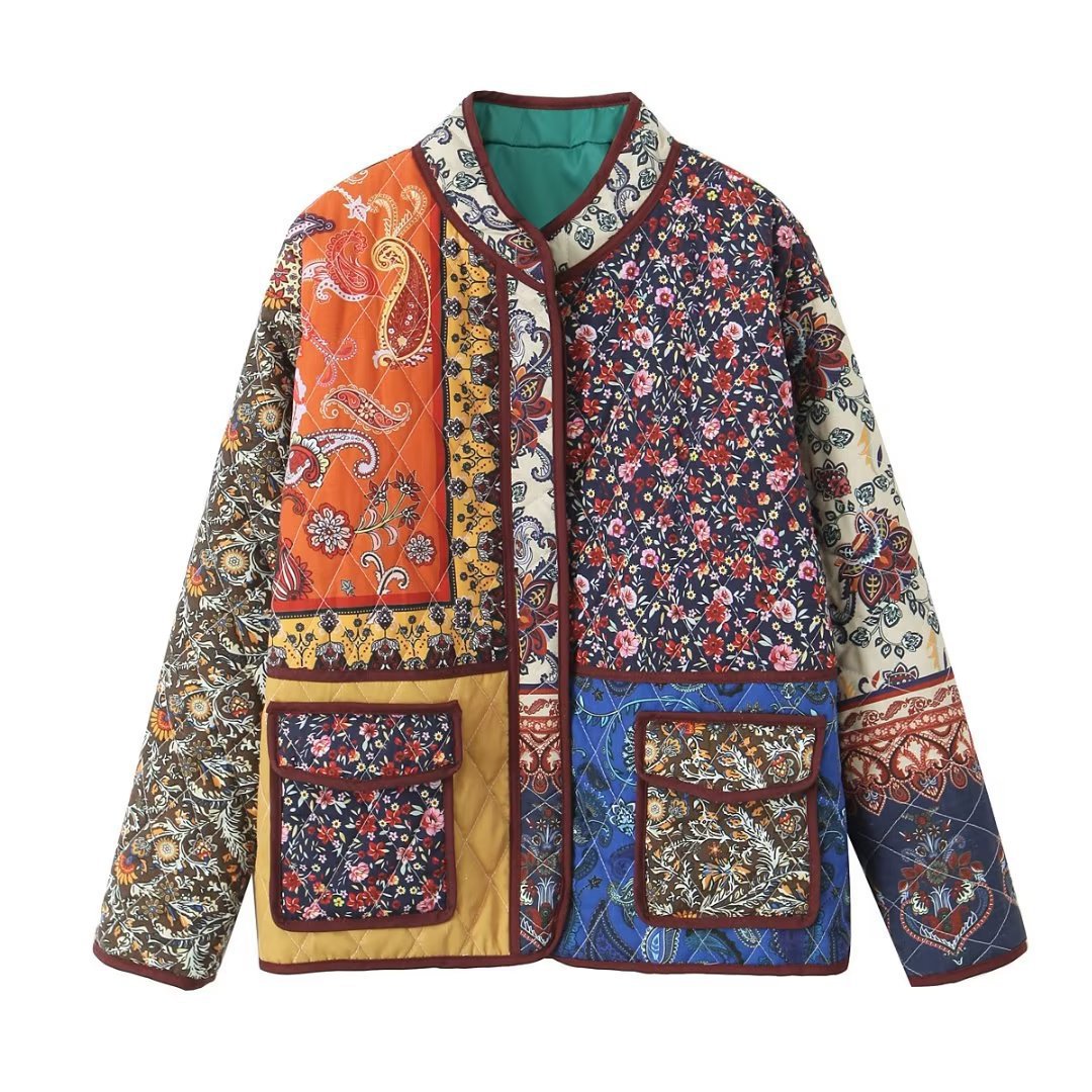 Damen gesteppte Patchworkjacke mit floralem Design und praktischen Taschen R&B