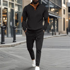 Herren nan feinstrukturiertes Halbkragen-Sweatshirt mit Knopfleiste, dekorativen Ellbogenpatches und legerem Saumabschluss R&B
