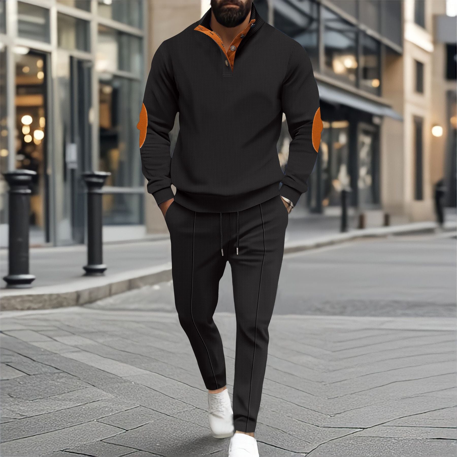 Herren nan feinstrukturiertes Halbkragen-Sweatshirt mit Knopfleiste, dekorativen Ellbogenpatches und legerem Saumabschluss R&B