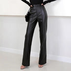 Damen Elegante High-Waist Kunstleder-Hose mit weitem Bein R&B
