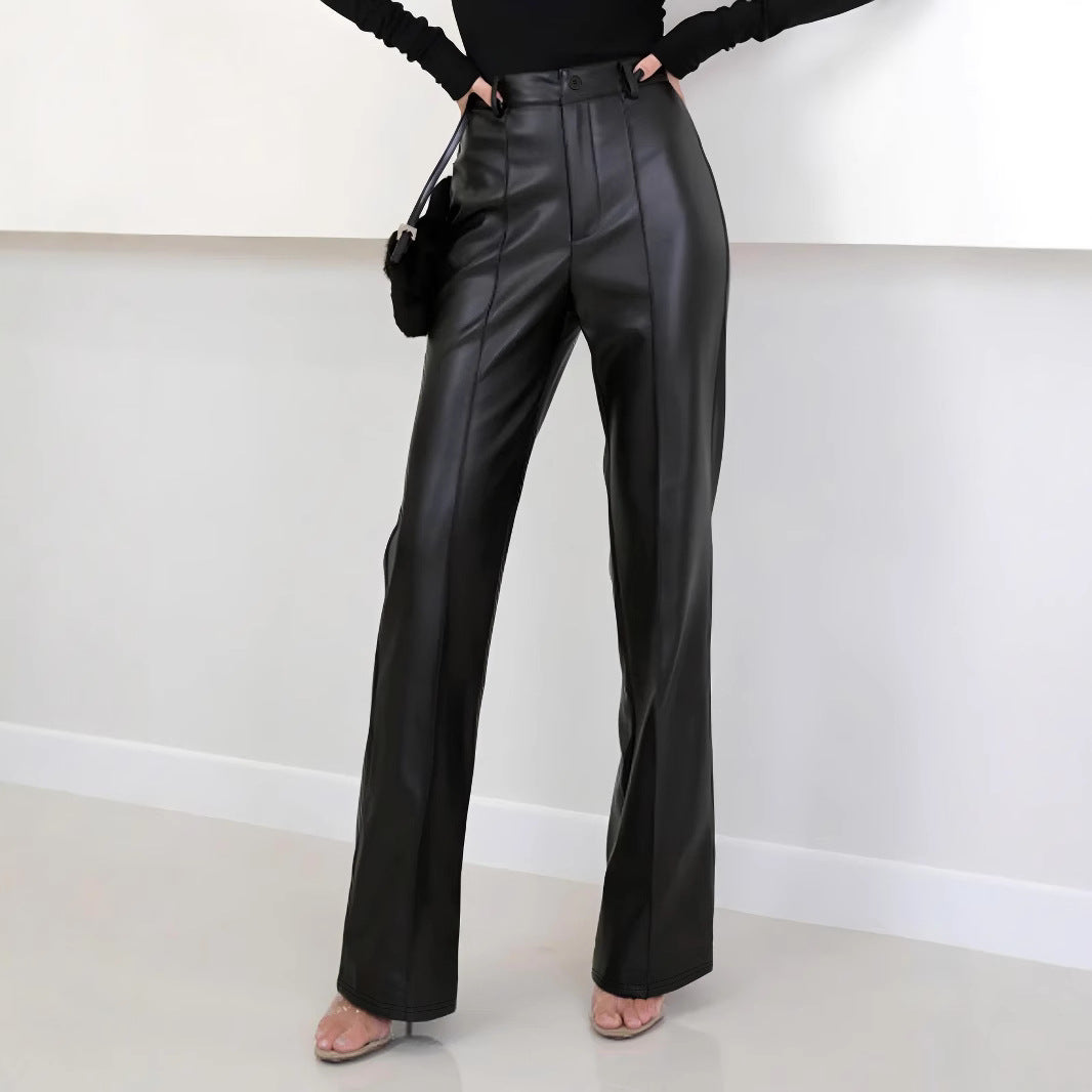Damen Elegante High-Waist Kunstleder-Hose mit weitem Bein R&B