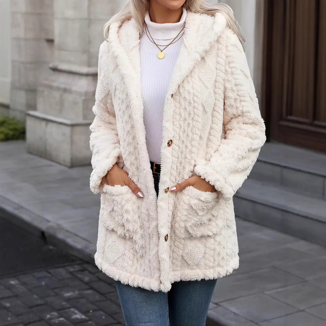 Damen angenehme und weiche Plüschjacke mit Kapuze und Taschen R&B