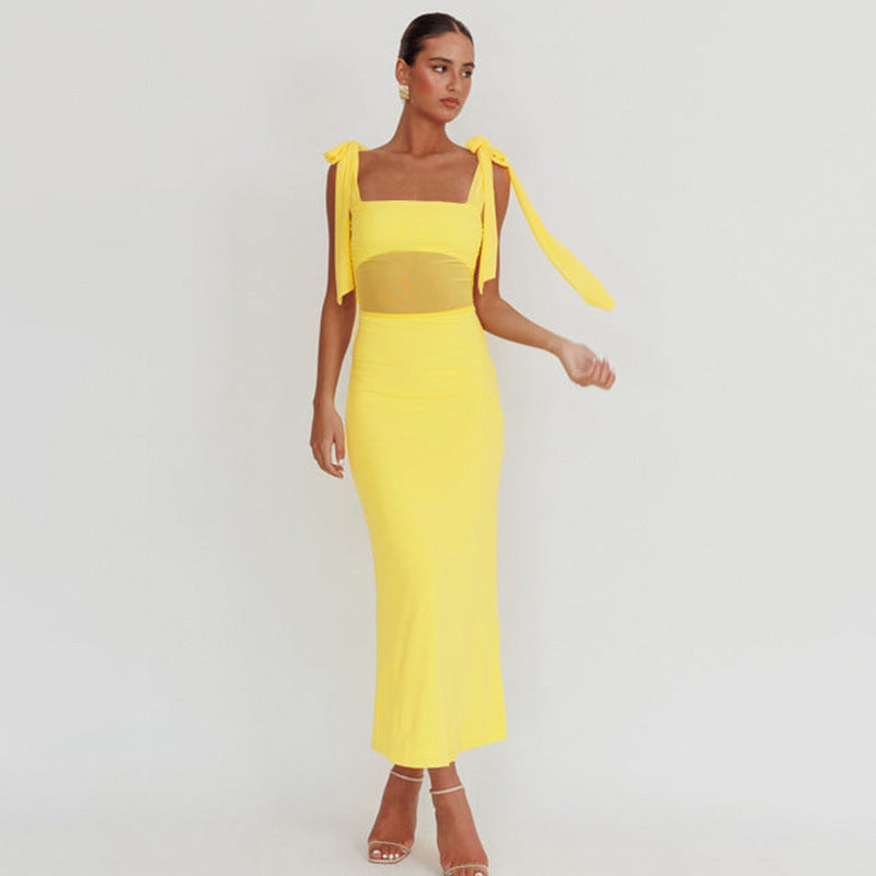 Damen elegantes Maxikleid mit transparenter Spitze und Schulterbändern R&B