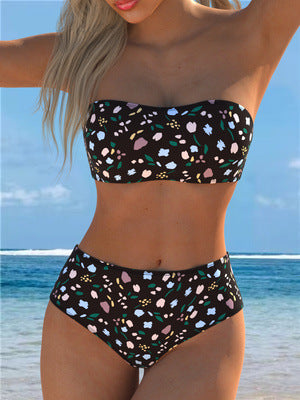 Damen Bandeau-Bikini mit floralem Muster und hohem Taillenschnitt R&B