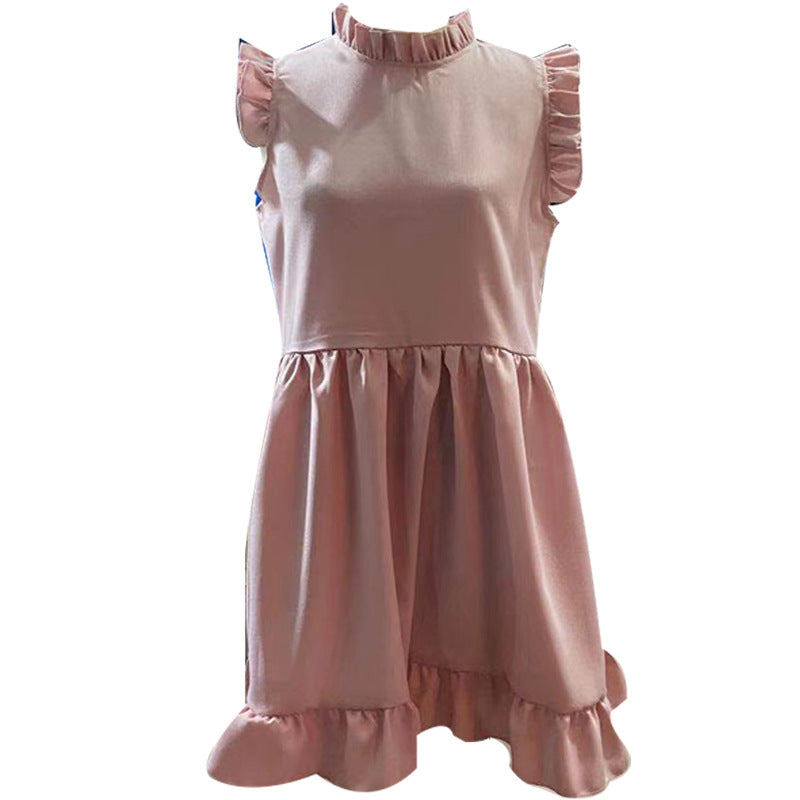 Damen lässiges Rüschendetails Kleid mit hohem Kragen R&B