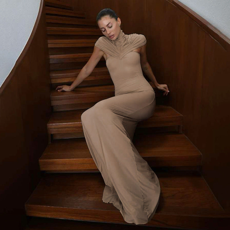 Damen Elegantes Maxikleid mit hochgeschlossenem, drapiertem Kragen R&B