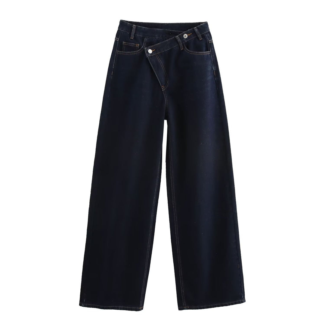 Damen weit geschnittene Jeans mit asymmetrischem Knopfverschluss und hohen Taillen R&B
