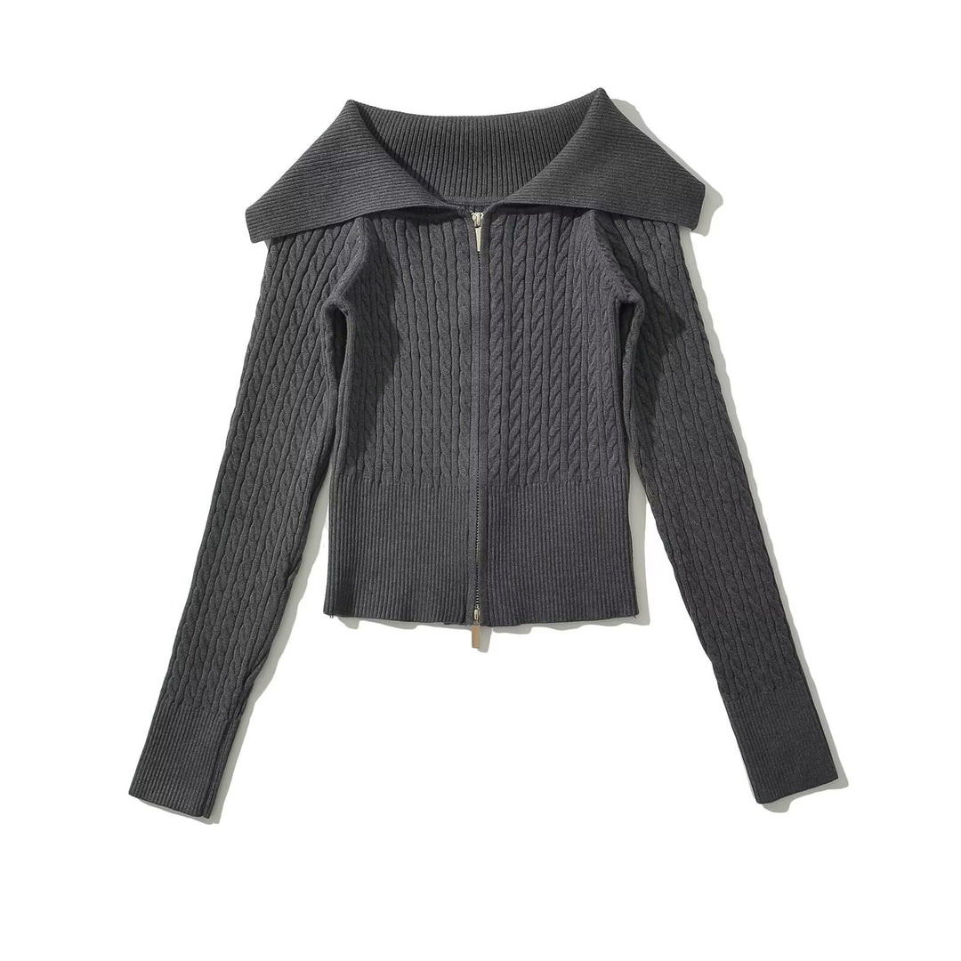 Damen modische Strickjacke mit weitem Kragen und Reißverschluss R&B