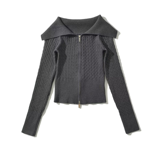 Damen modische Strickjacke mit weitem Kragen und Reißverschluss R&B