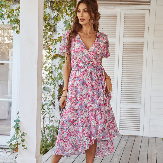 Damen Midikleid mit raffiniertem Wickeldesign und floralem Muster R&B