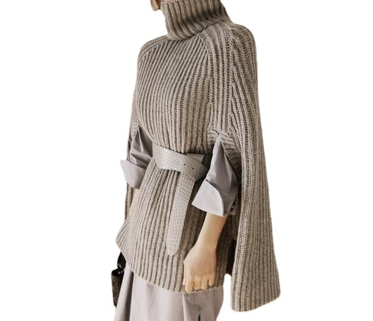 Damen Strickponcho mit hochstehendem Kragen und modischem Rippenmuster R&B