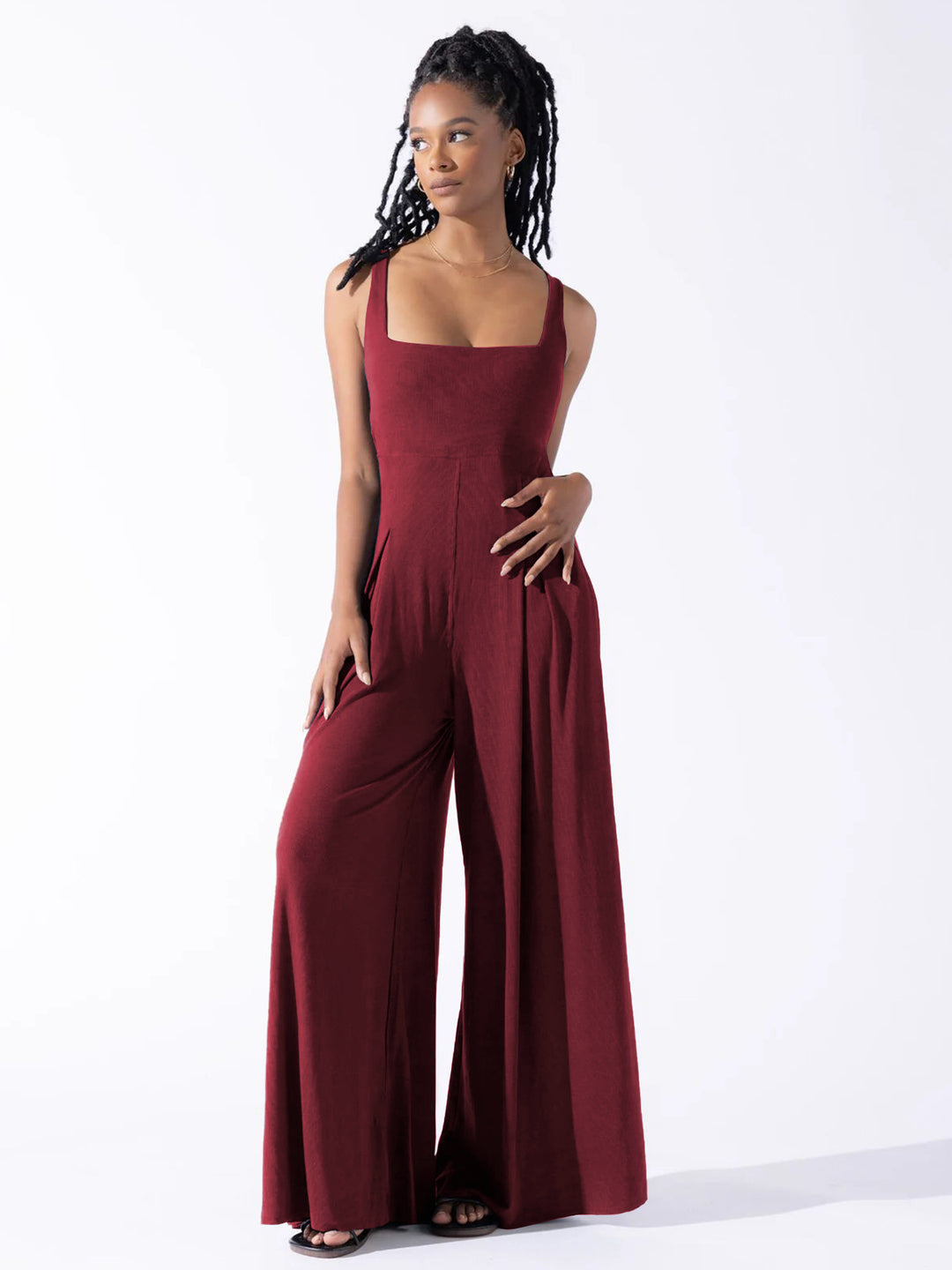 Damen Eleganter Jersey Jumpsuit mit weitem Bein und tiefem Ausschnitt R&B
