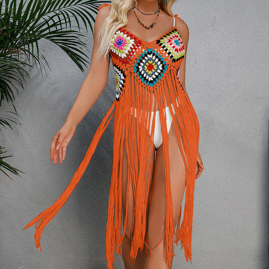 Damen Häkel-Strandüberwurf im bohemian Stil mit dekorativen Fransen R&B