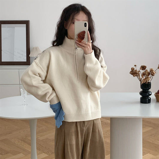 Damen Kurzpullover mit Stehkragen und Reißverschluss R&B