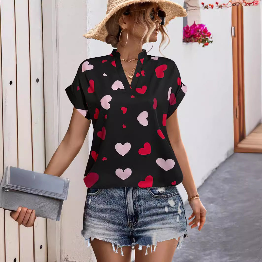 Damen luftiges Blusenshirt mit herzförmigem Print und lockerer Passform R&B