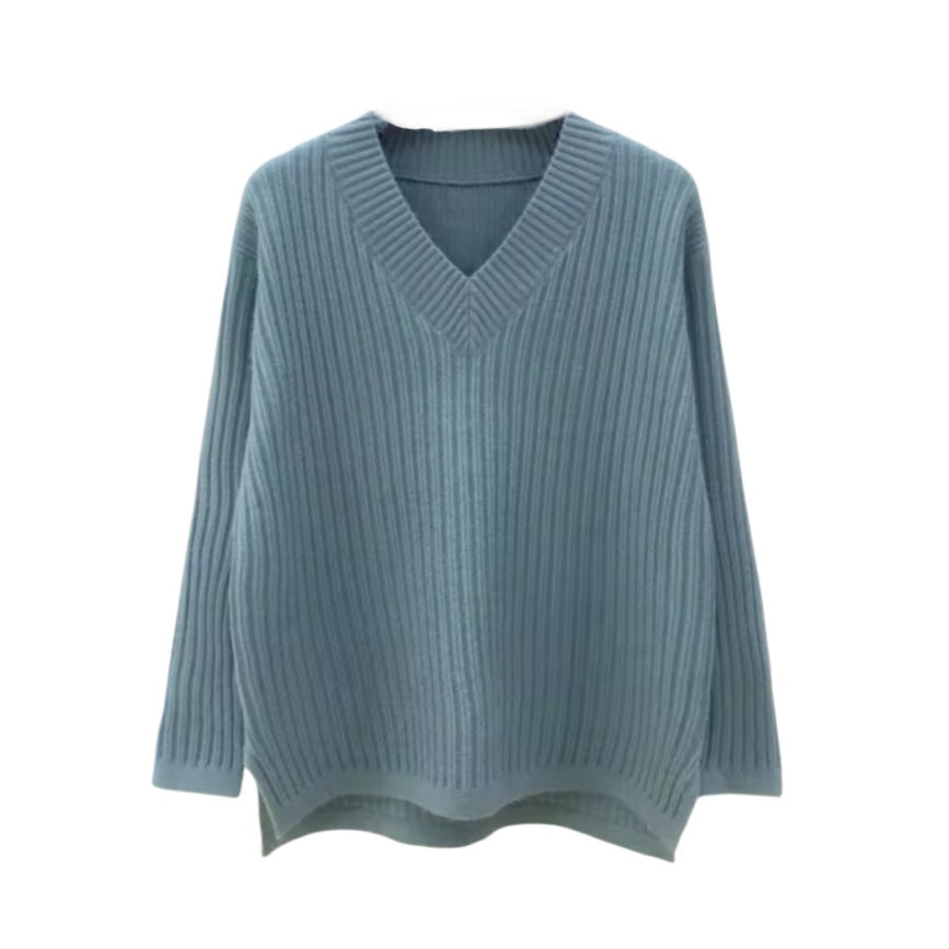 Damen V-Ausschnitt Strickpullover mit feiner Rippstruktur und lässigem Schnitt R&B